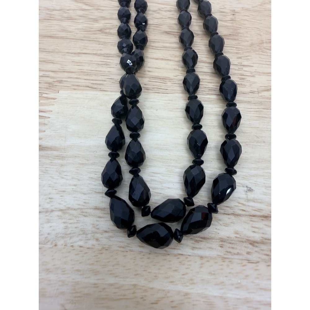 Vintage Black Faceted Teardrop Bead Long Necklace 42" Flapper Art Deco Style